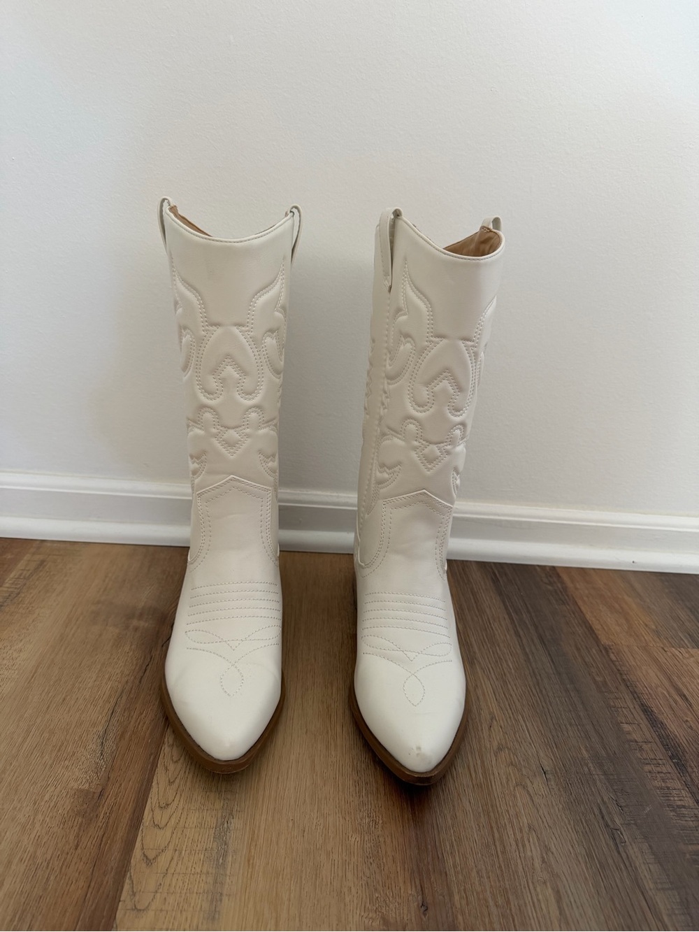 Soda White Embroidered Western Knee-High Boots